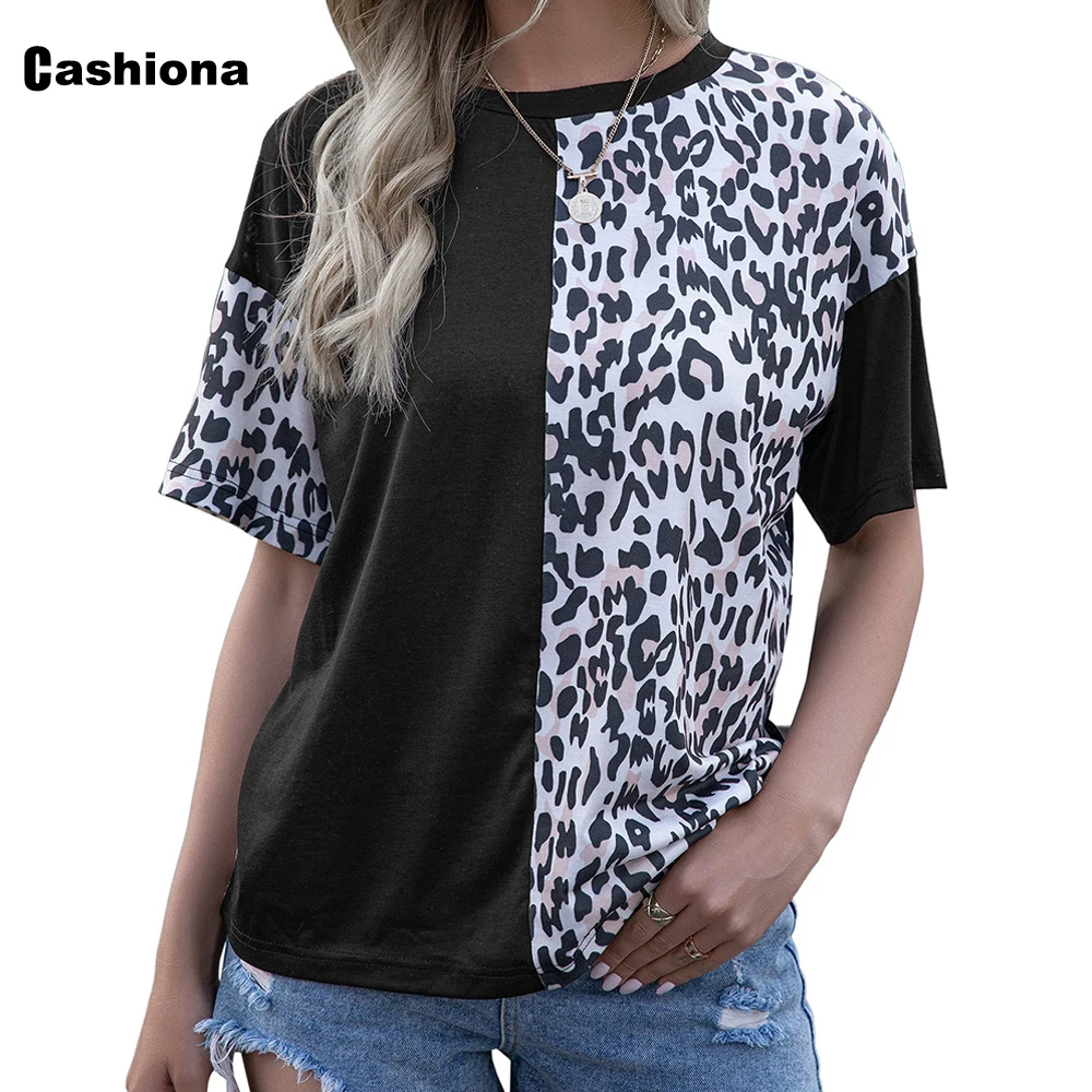 

Cashiona 2021 Summer New Patchwork Women's Top Casual Loose T-shirt Model Leopard Print Tshirt Pullovers Leisure Womens Clothing