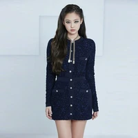 2020 new runway navy blue knitting dress women round collar single breasted long sleeve mini sweater dress