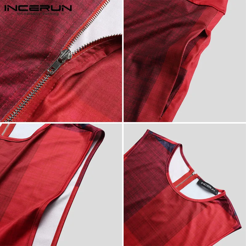 

Fashion Men Jumpsuit Plaid Sleeveless O Neck Fitness Casual Overalls Streetwear Zipper Cozy Mens Rompers Pants S-5XL INCERUN