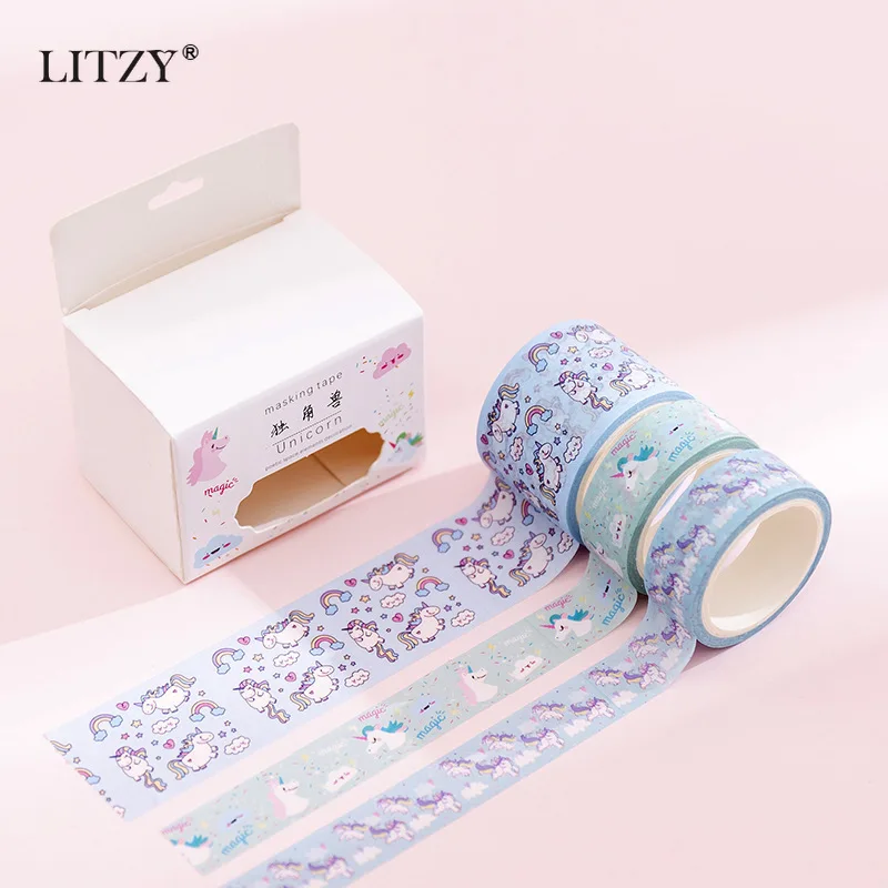 3 шт./кор. креативные милые лента Washi для художественного оформления ногтей, ручная работа Скрапбукинг планировщик Бумага широкий клей малярный скотч Единорог Стикеры канцелярских принадлежностей
