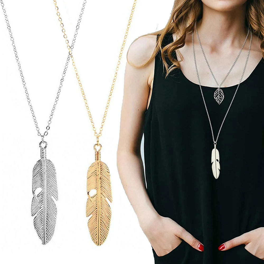 Простое классическое ожерелье с подвеской в виде пера длинное цепочка на свитер