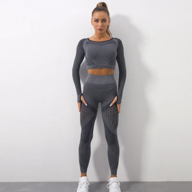 

2 Piece Women Seamless Yoga Set Knitted Sport Suit Hollow Out Gym Workout Clothes Long Sleeve Breathable Elastic Tracksuit Top