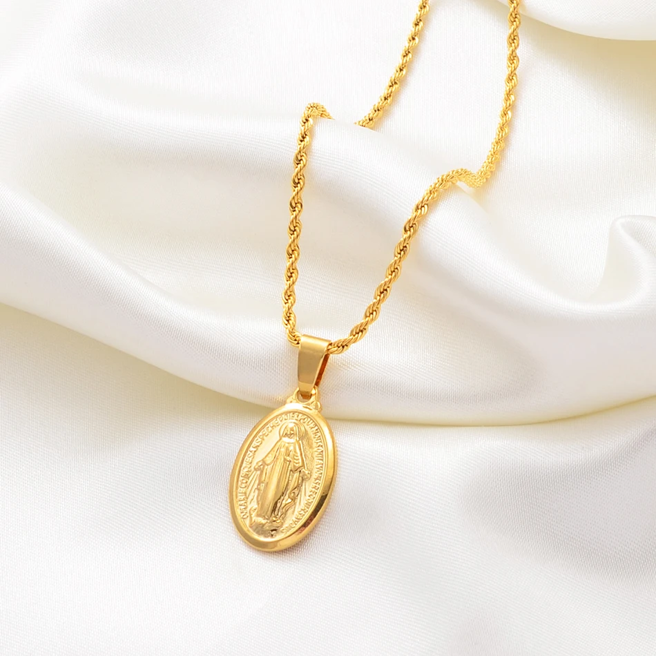 

Anniyo Virgin Mary Pendant Rope Necklaces Men Women Gold Color Our Lady Jewelry Wholesale Colar Cross Trendy Chain #006210R