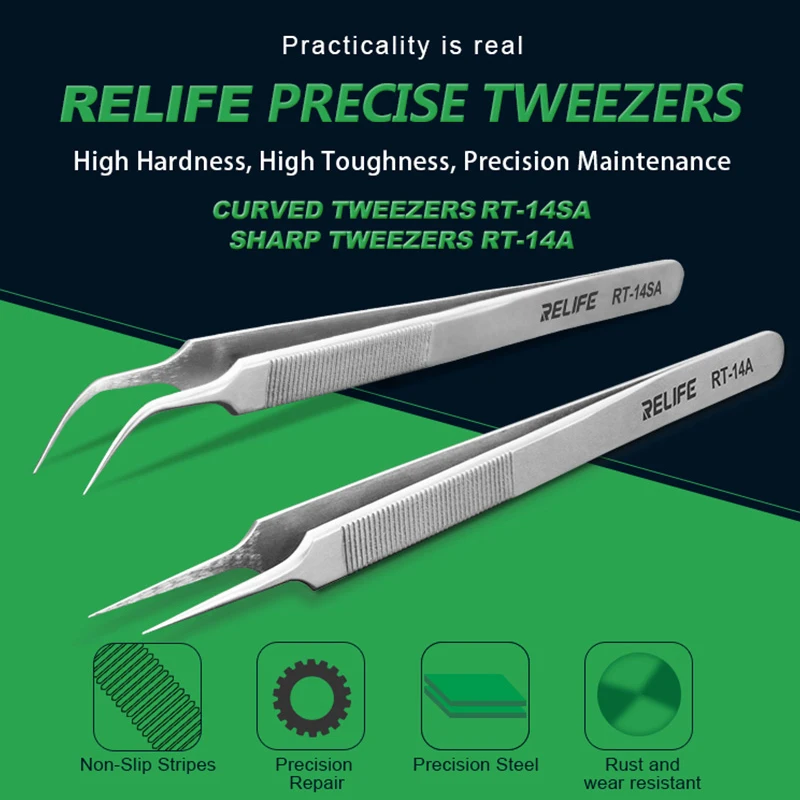 

Relife RT-14A RT-14SA Mobile Phone Repair Tweezers Anti-static Anti-slip Clip High Toughness Precision Fine Tip Plus Chip Repair
