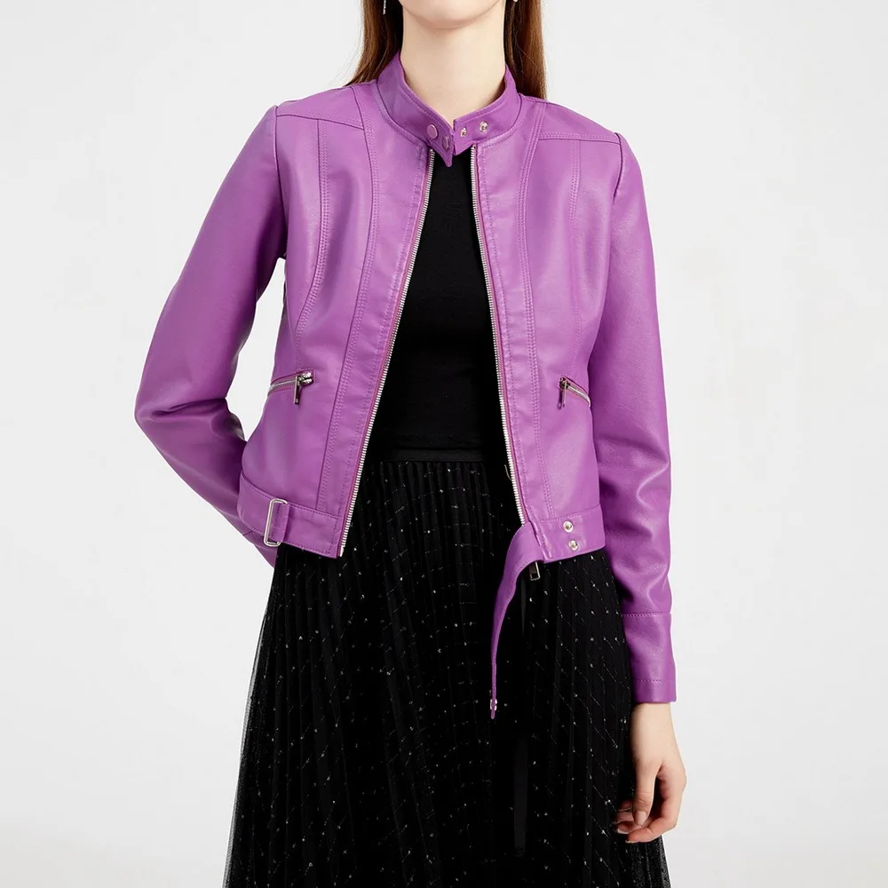 

2021 Autumn Sashes PU Faux Leather Jacket Women Zipper Slim Short Punk Biker Jackets Coat Female Outwear Tops Casacos Feminino