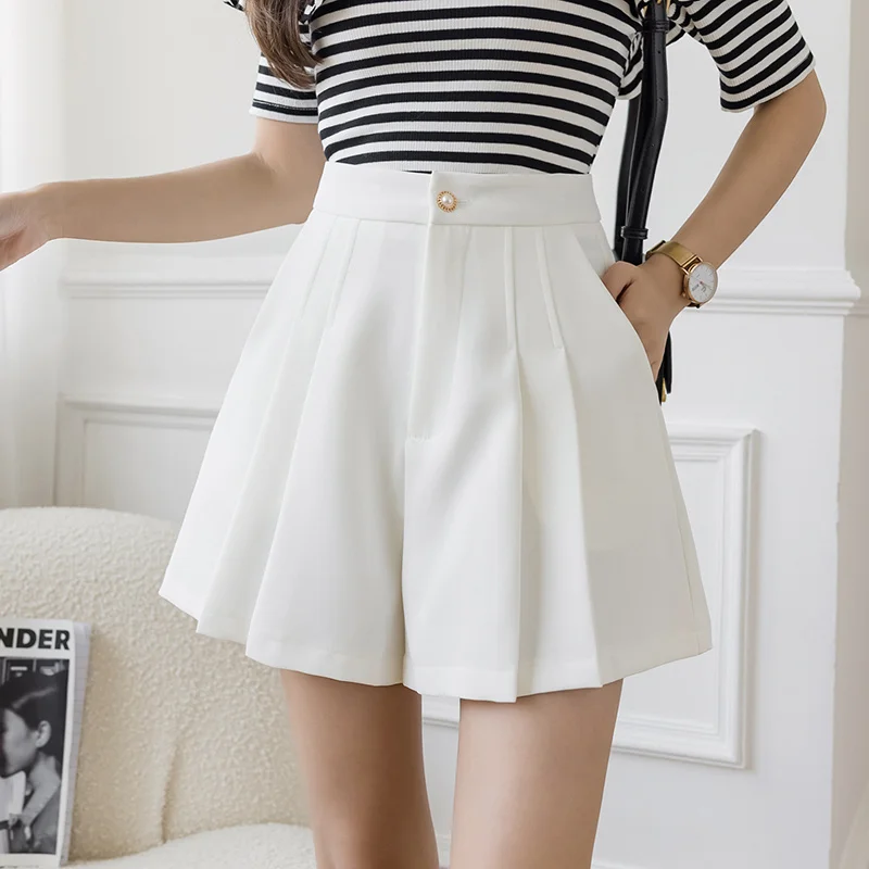 

New Summer Women Fashion High Waist A-line Pleated Shorts Skirts Solid Color Wide-leg Shorts Office Lady Casual Shorts