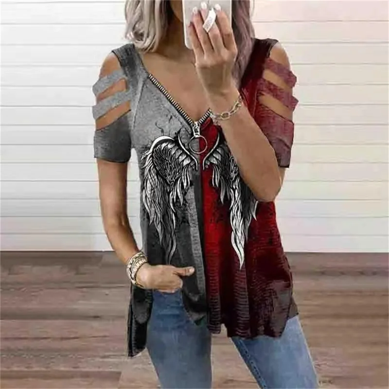 

Summer Contrast Print V-Neck Top Vintage Zipper Short Sleeve Shirt Women Fashion Loose Pullover T-Shirt Casual Streetwear Tshirt