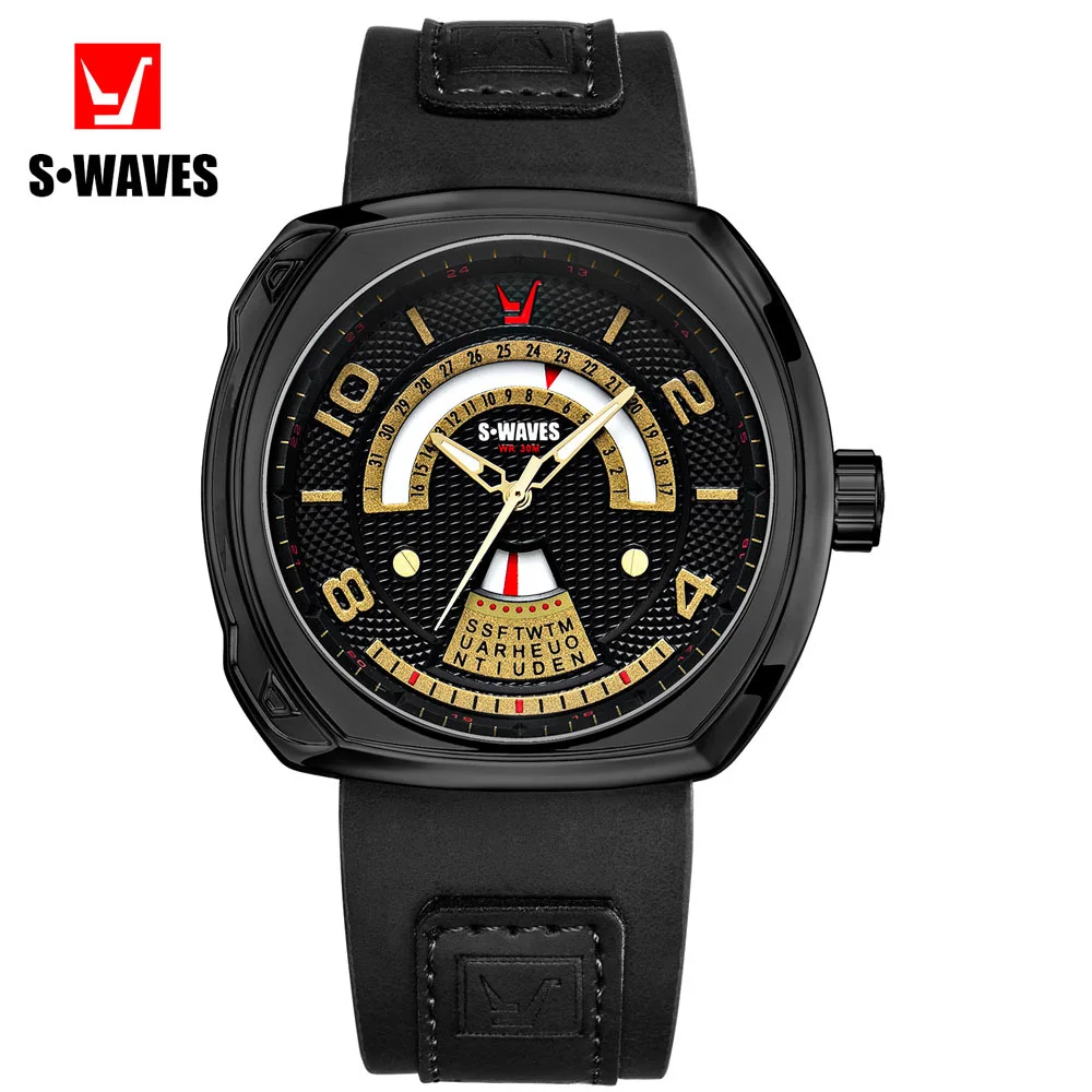 

SWAVES Watch Men Luxury Black Gold Water Resistant Week Clock Relojes Hombre 2019 Army Casual Leather Quartz Wristwatch Mens