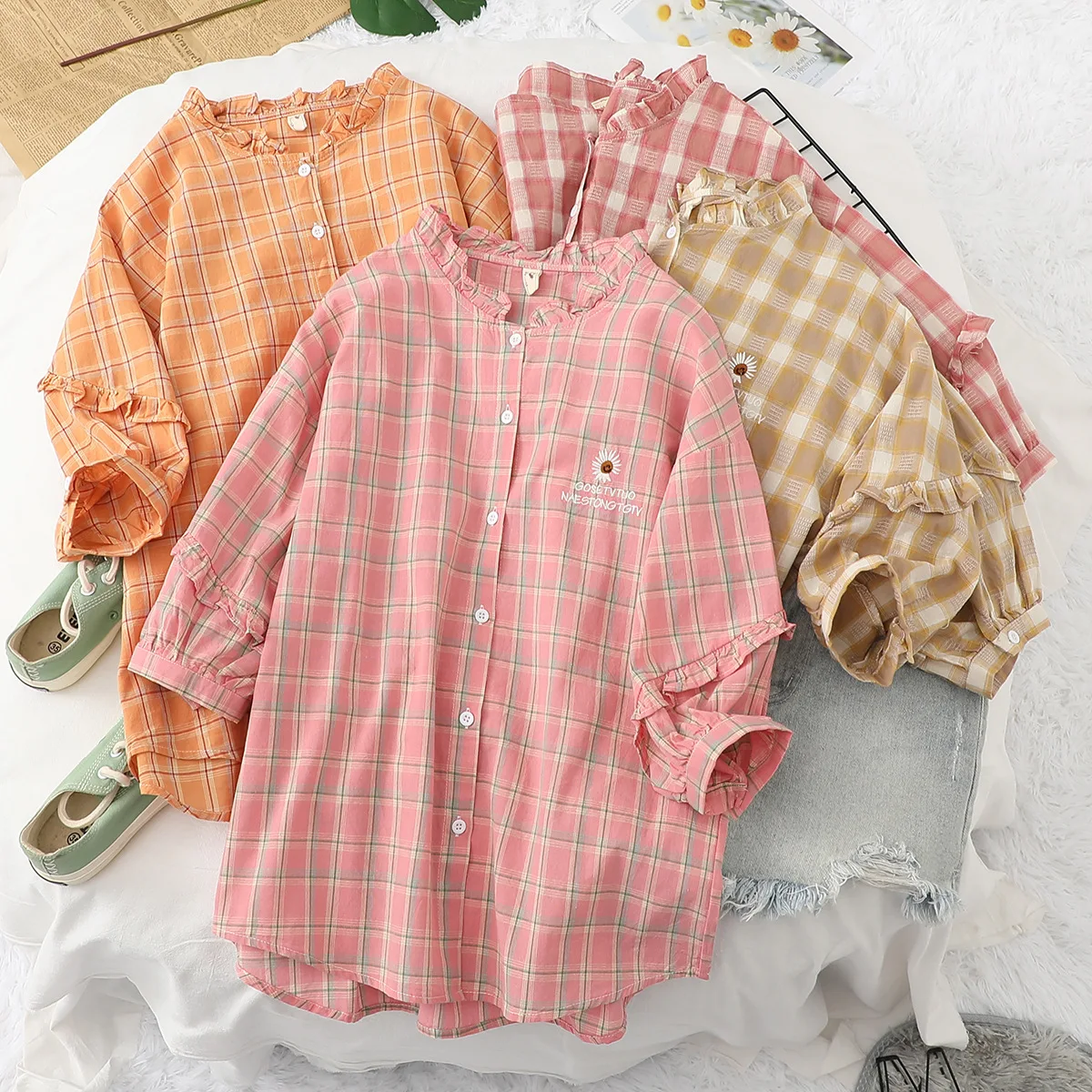 

Женская рубашка в стиле преппи с оборками, тонкая летняя простая свободная клетчатая блузка со стоячим воротником и рукавами-фонариками, Женский Повседневный Топ
