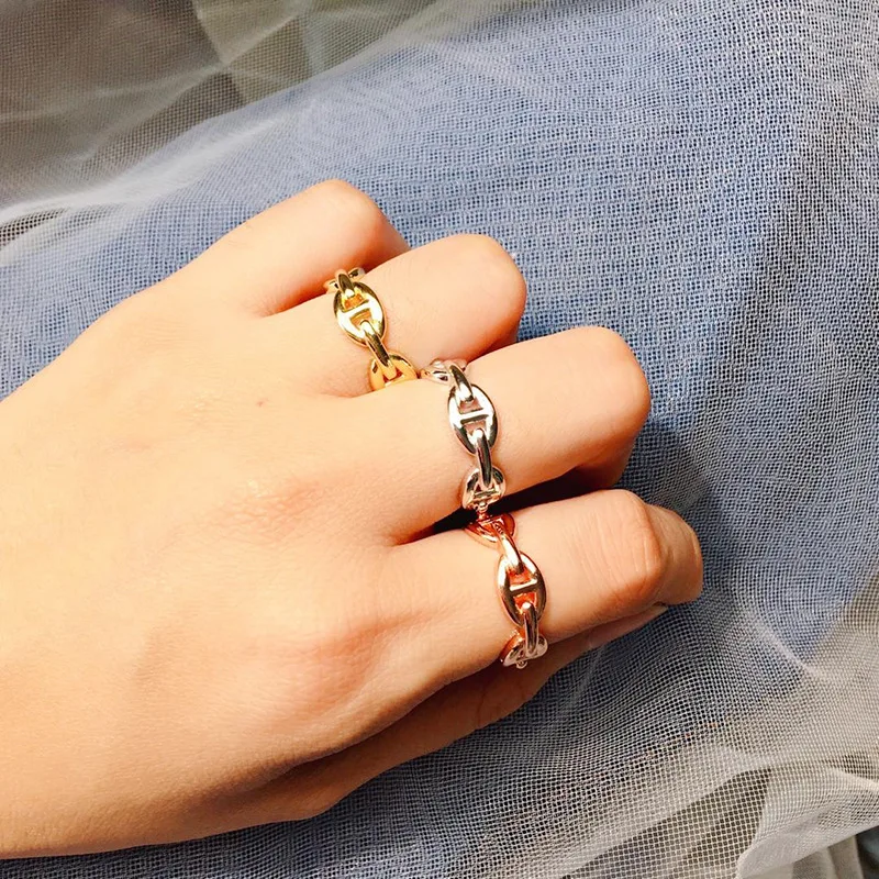 HUANZHI New Trend Curve Hollow Line Three Rows Wide Face Pig Nose Modeling Adjustable Rings For Men Women Party Jewelry