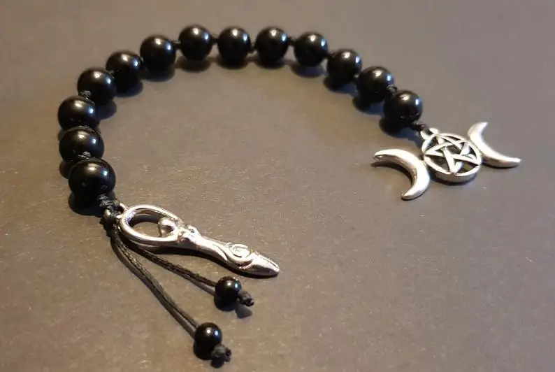 

Black Onyx Witches Ladder with Goddess and Triple Moon Pentacle Charm, 13 Bead Mala Style Pagan Prayer Beads