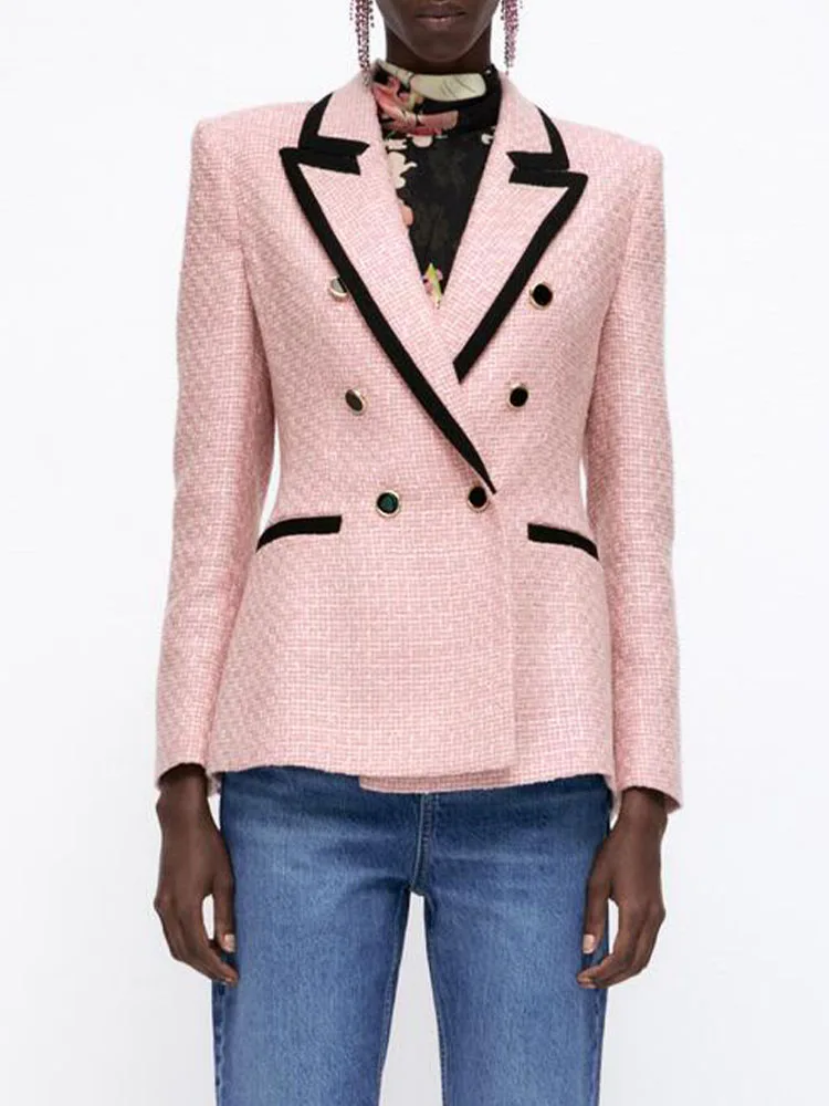 

2021 autumn new female sweet temperament commuter self-cultivation unique lapel design double-breasted texture blazer