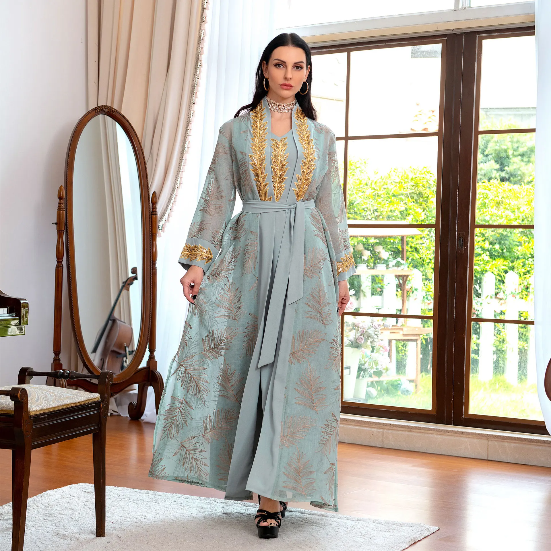 

Charming Middle East Women Dress Set 2PCS Gold Sequins Long Sleeves Cardigan with Inner Dress Elegant Arabic Dubai Robe Abaya