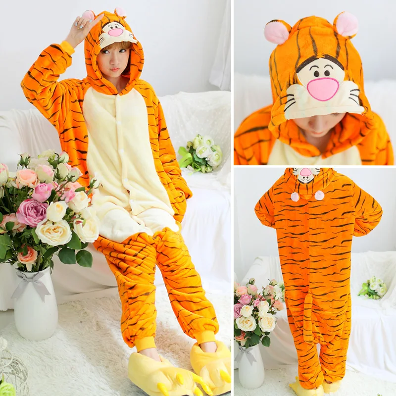 Kigurumi Adult Tiger Cat Onesies Pajamas Pig Bear Frog Animal Winter Fleece Women's Sleepwear Cartoon Jumpsuit Halloween Costume