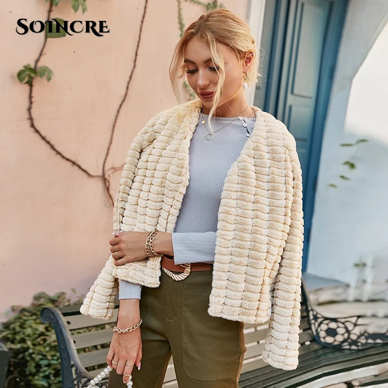 

Elegant Faux Fur Coat Winter Office Lady V-neck Short Fur Jacket Women 2021solid Straight Female Party Top Loose Coats