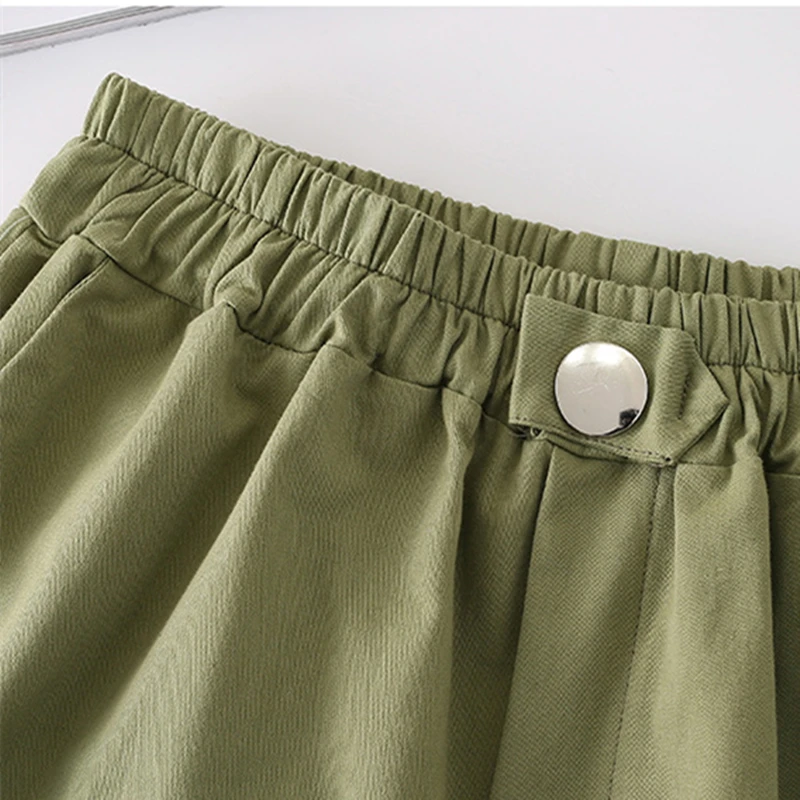 

2021 Summer Cotton Shorts Women High Waist with Pockets Solid Color Yellow Green White Hot Shorts Female Wide Leg Short Trousers