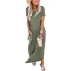 Платье женское однотонное с коротким рукавом, повседневный длинный пляжный сарафан свободного покроя с круглым вырезом и карманами, лето 2021