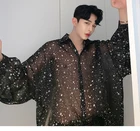 Сетчатая Прозрачная Сексуальная мужская рубашка оверсайз, черная, серая рубашка большого размера с принтом, Мужская винтажная Прозрачная Тонкая рубашка с длинным рукавом