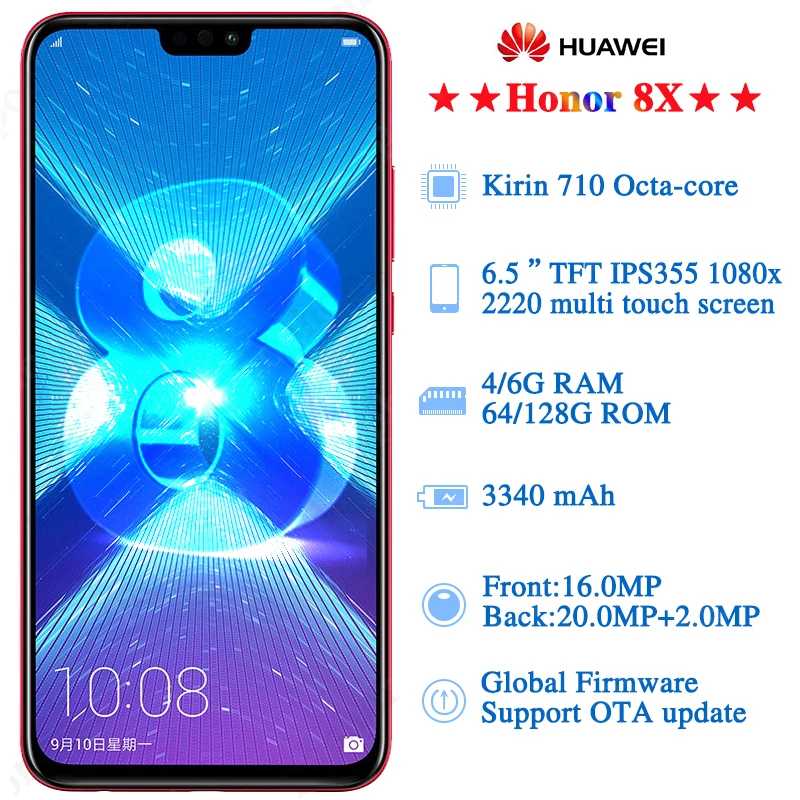 Глобальная прошивка HONOR 8X мобильный телефон 6,5 дюймов полный экран Kirin 710 Восьмиядерный Android 8,1 3750 мАч отпечаток пальца ID