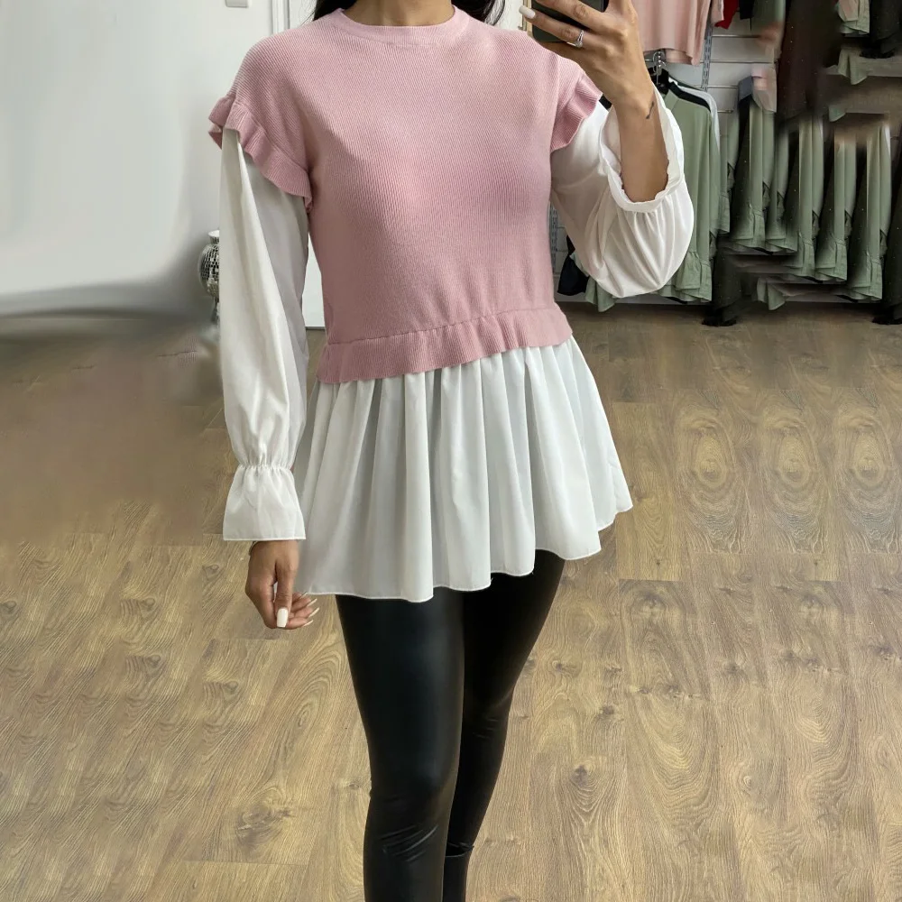 

Women Casual Ruffle Knitted T Shirt Flare Sleeve Crewneck Blouse 2020 Spring Autumn Fashion Fake Two Patchwork Black T-shirts