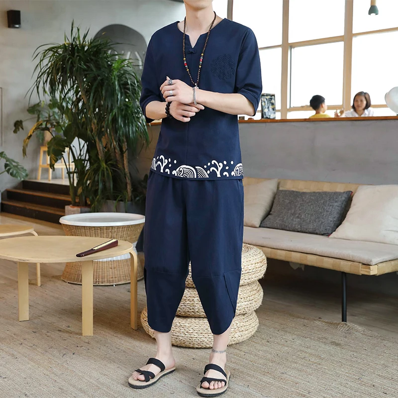 

2021 Men's Chinese Style Embroidery Short-sleeved Shirt Top Wide-leg Pants Casual Shorts Retro Fashion Two-piece Suit