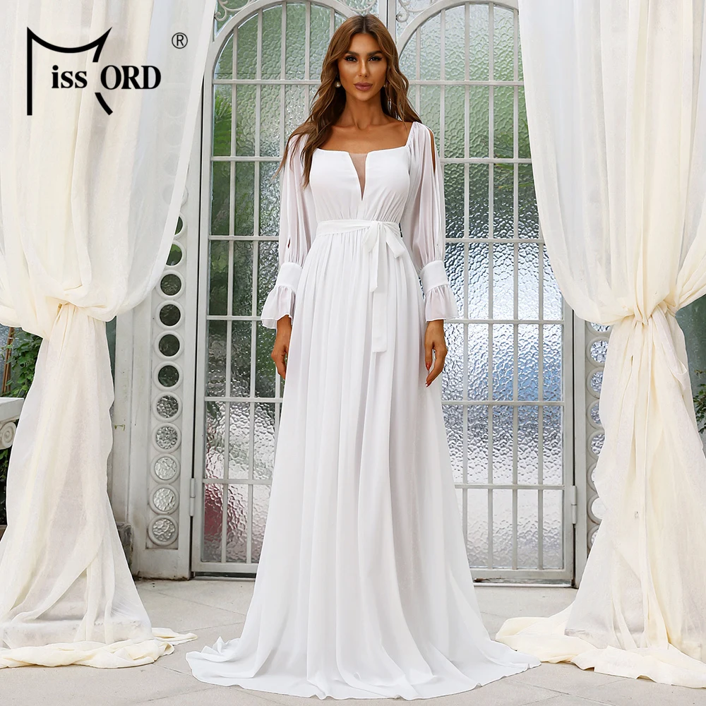 

Missord Sexy Wedding Belted Dress 2021 For Women Cheap Long Sleeve White A-Line Mesh Evening Party Maxi Cut Out Fashion Vestidos