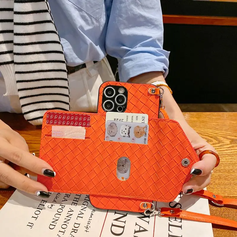 For iphone 14 13 12 11 pro xs max xr x 7 8 plus se 2020 Case Cover fashion Braided wallet card strap leather holder phone bag