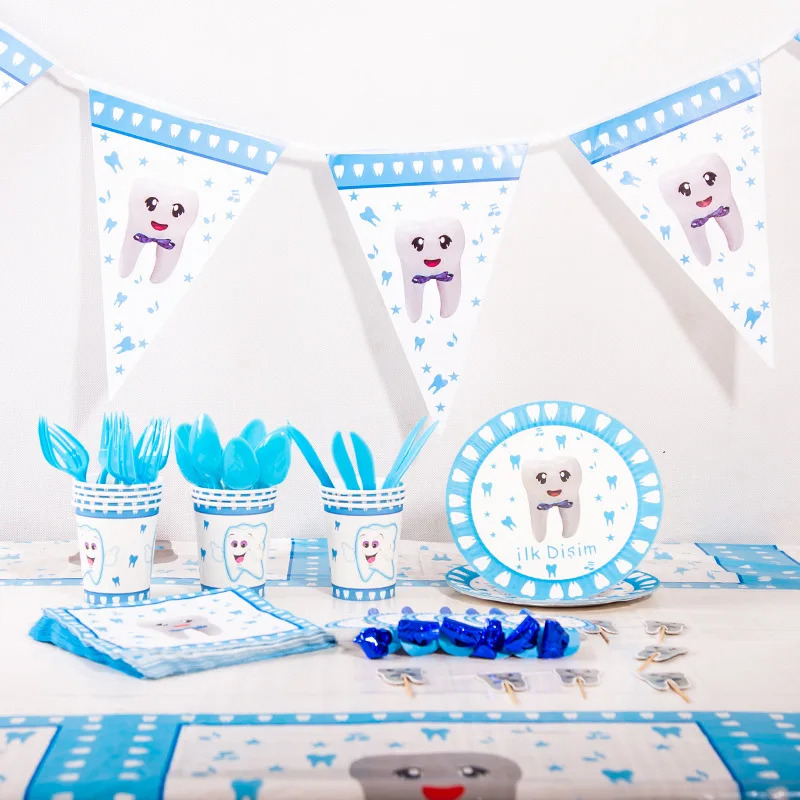 

1set Boy/Girl My First Tooth Party Decor Supplies Disposable Tableware Paper Plates Cups DIY Baby Shower Birthday Tooth Balloon