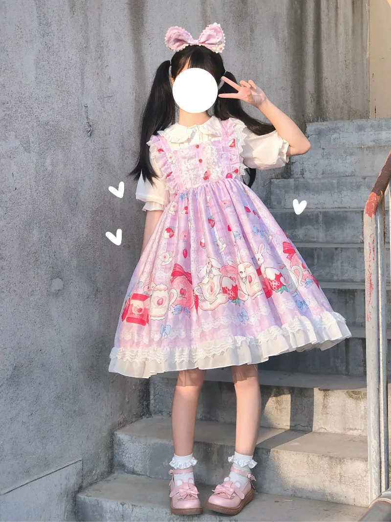 

NEW Japanese Kawaii Lolita Cosplay Soft Sister Dress Cute Rabbit Strawberry Sleeveless JSK Dress Ruffles Bow Princess Tutu Dress