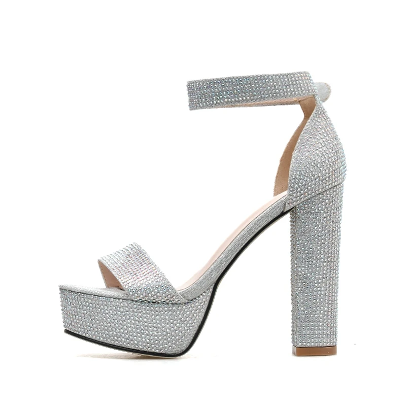 

Ladies Party Shoes rhinestone Sandals Thick High Heeled Wedding Sandals Silver Sandals Women Platform Pumps Size 40 Sexy Shoes