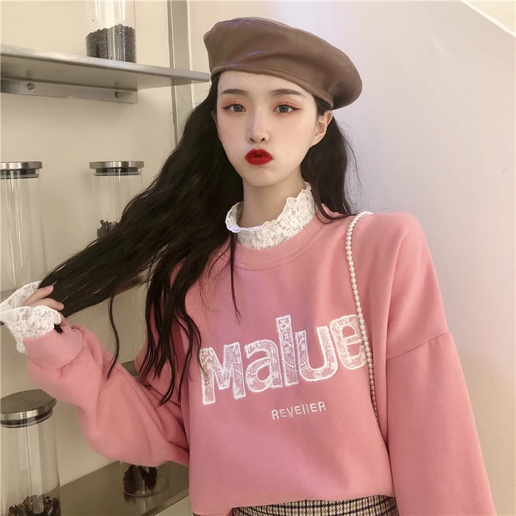 

lace up letter fashion brand sweet style hoodies women loose pullovers Korean autumn winter ladies Sweatshirts new fashion brand