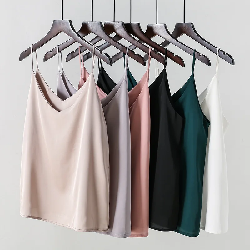 

Women Clothes V Neck High Quality Satin Camis Strap Adjust Leeveless Silk Tank Tops 2021 Camisole Spaghetti Strap Tank Y2k Top