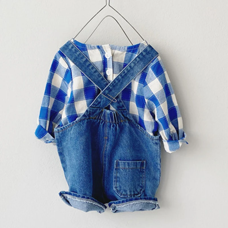 

Spring Baby Set New Toddler Baby Boy and Girl Plaid Long-sleeve Shirt Denim Suspender Shorts Two-piece Cute Baby Clothes
