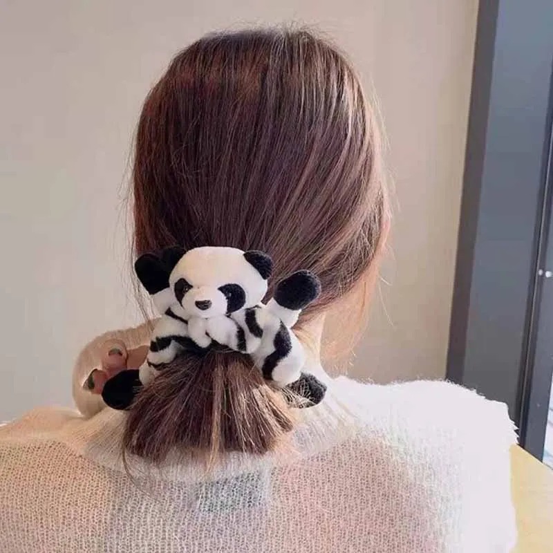 

Lovely Velvet Plush Panda Scrunchies Hair Ties Rope Cute 3D Animal Head Doll Elastic Ponytail Holder Hair Accessories