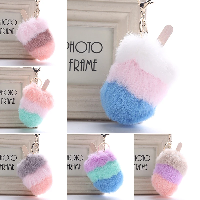 

Cute Fluffy Faux Fur Pom Pom Ice Cream Keychain Holder Cover Women Bag Charms Ornaments Pendant Key Ring Jewelry Accessories