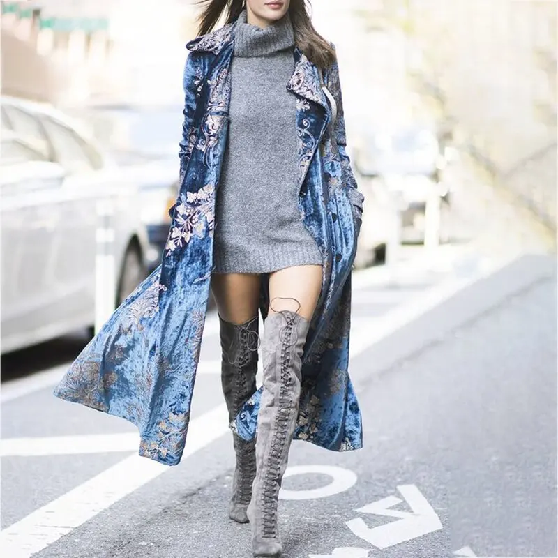 

Women'S Coat Split Single-Breasted Coat Suit Collar Velvet Gothic Printed Long Jacket Casual Street Blue Jackets For Women 2021