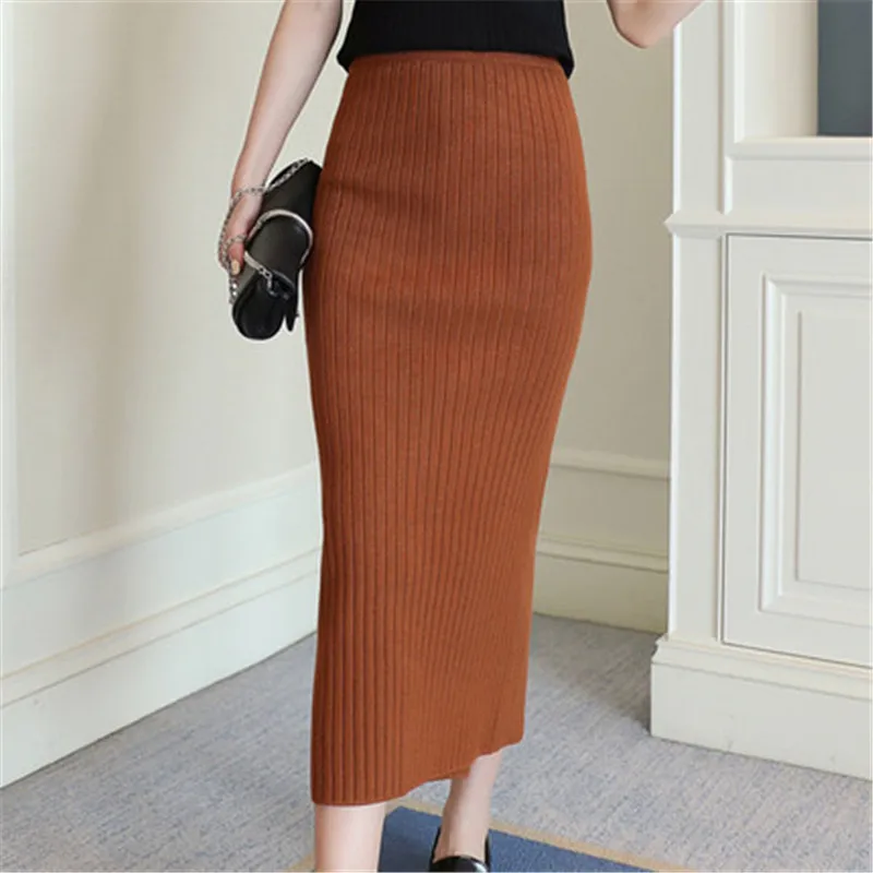 

Hight Quality Autumn Winter Woolen Skirts Slim Belt Office Long Midi Skirt Step Pencil Skirt Knitted wool skirt