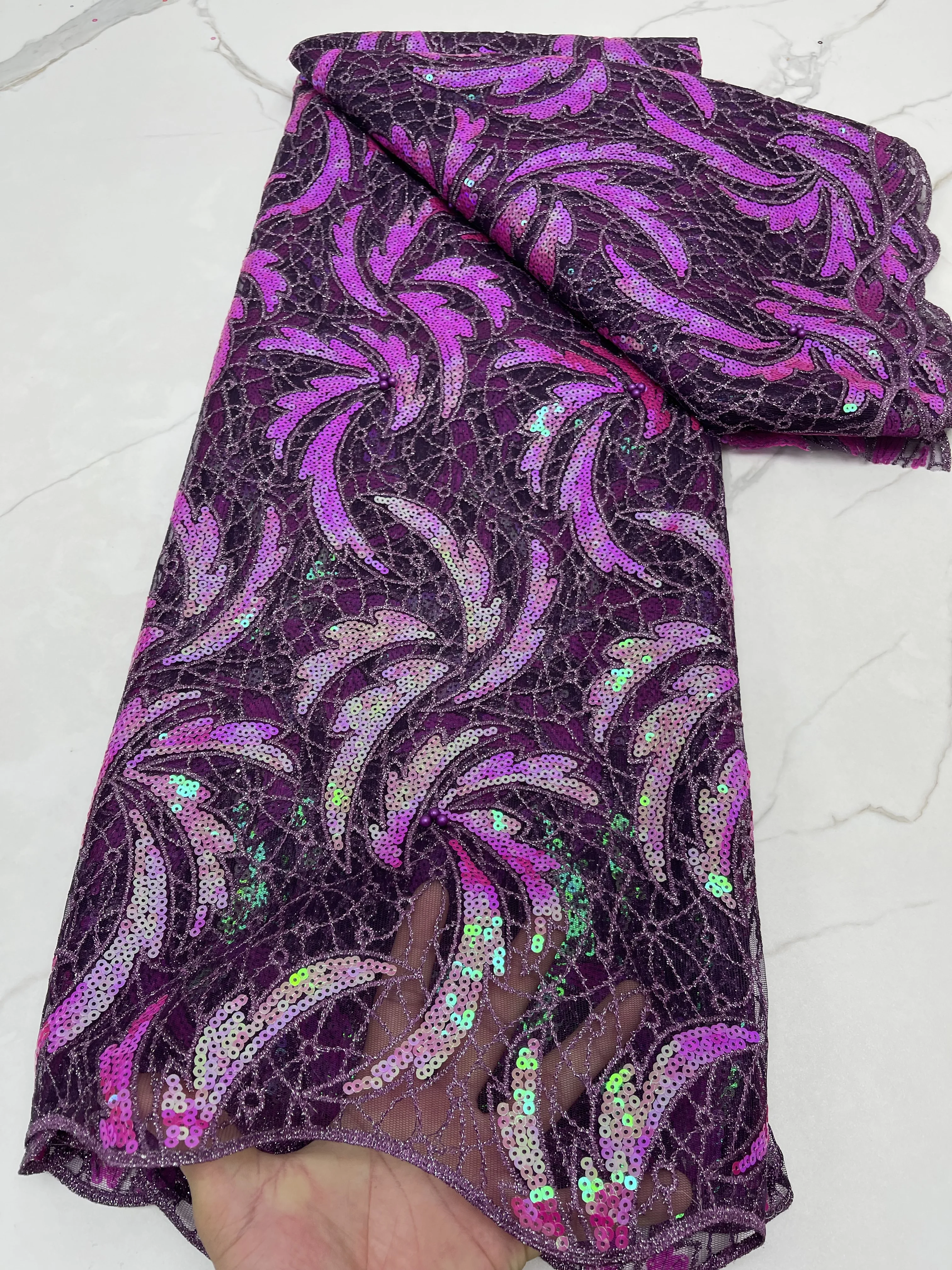 

Embroidery Beaded Velvet Lace With Sequins Fabric 2021 High Quality African Tulle Lace Fabirc 5 Yards For Woman Dress NA4484B
