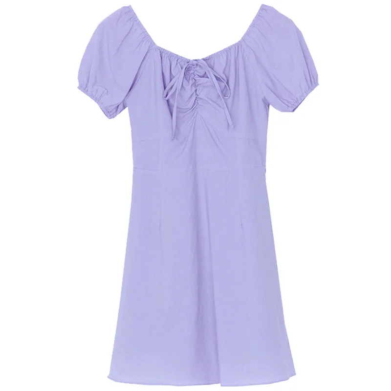 

French Minority Waist Slimming Taro Purple Square Collar Temperament Sneaky Design Puff Sleeve Dress Sweet First Love Skirt