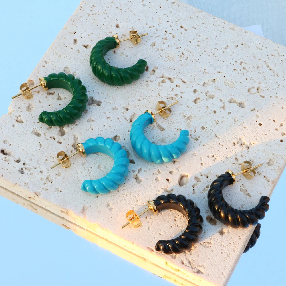 

New Trend Blue Black Green Enamel Earrings Jewelry 18K Gold Plated Stainless Steel Non Tarnish C Shape Earring For Women Girls