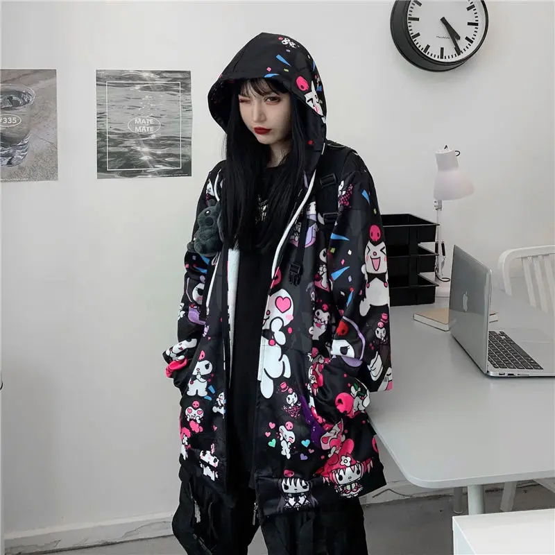 

HOUZHOU Sweatshirt Women Kawaii Anime Hoodie Plus Size Harajuku Zip Up Hoodies Long Sleeve Cute Oversize Black Pink Ladies Top