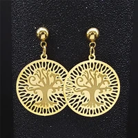 2022 bohemia stainless steel tree of life earrings for women gold color round stud earrings jewelry aros mujer oreja e9308s04