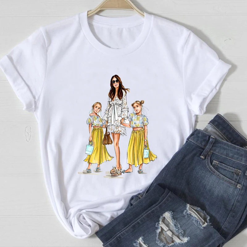 

Korean Fashion Design Women's T-Shirt 2021 Cool Friendly Family Anime Printed Women's Clothing Summer Kawaii Style Clothes