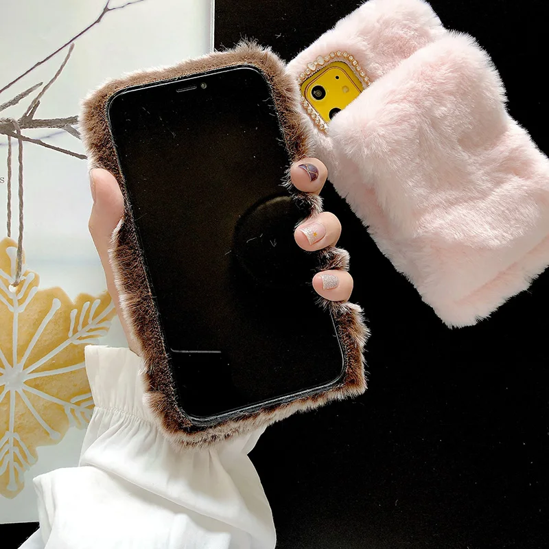 Милый пушистый мех кролика теплый чехол для iPhone 11 Pro XS Max XR X Силиконовый зимний перчаточный чехол для телефона для iPhone 6 6s 7 8 Plus