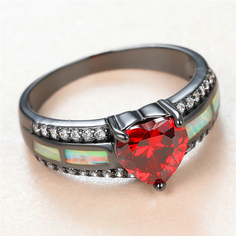 

Charm Female Red Heart Crystal Ring 14KT Black Gold Wedding Rings For Women Vintage Bride White Opal Engagement Ring