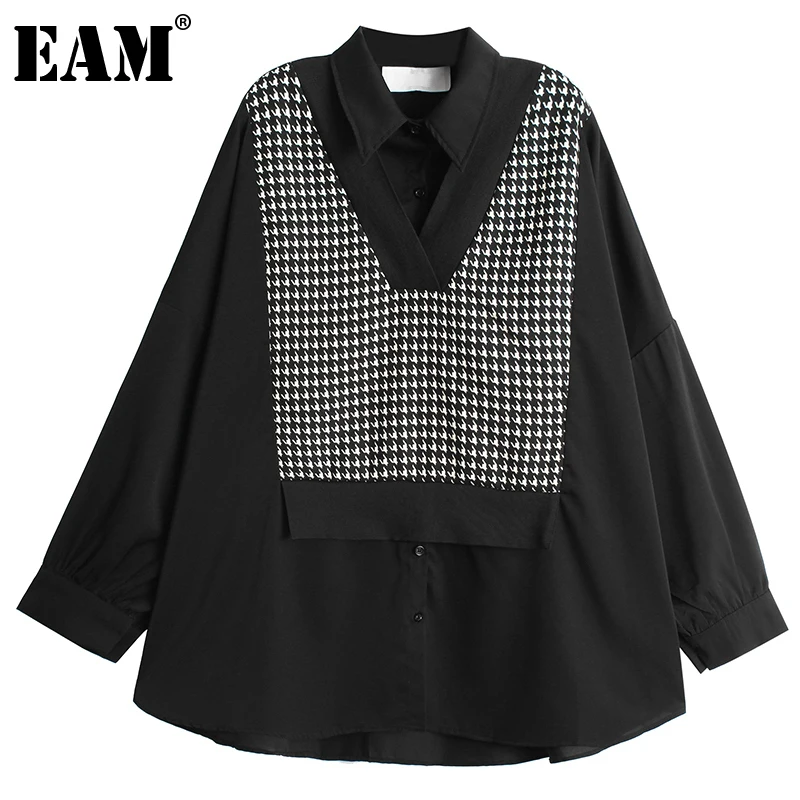

[EAM] Женская блузка в черно-белую клетку большого размера, новая свободная рубашка с длинными рукавами и отворотом, модная весенне-осенняя 2021...