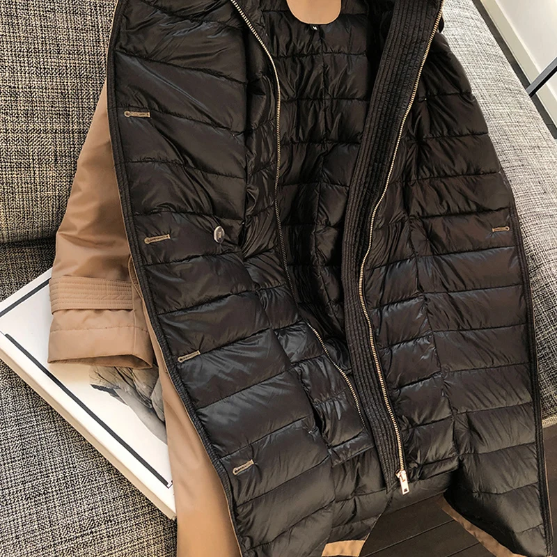 

British Down Trench Coat Winter White Duck Down Jacket Women Hooded Long Thick Warm Jackets Puffer Feather Female Mujer