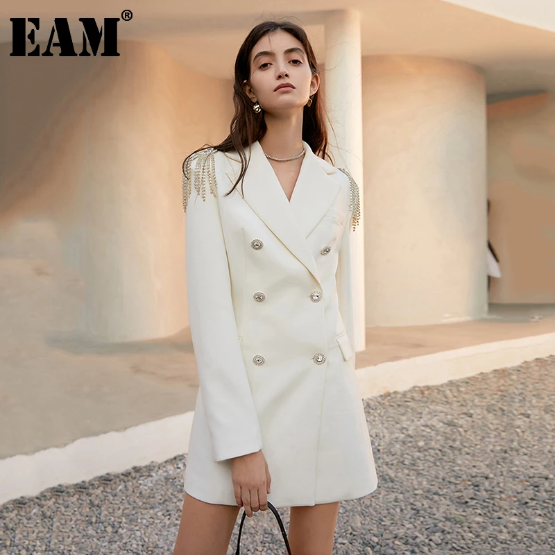 

[EAM] Women Rhinestone Double Breasted Woolen Dress New Notched Collar Long Sleeve Loose Fit Fashion Spring Autumn 2022 1DD4420