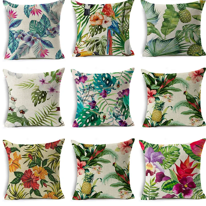 

Simple Flax Tropical Flower Plant Flamingo Hibiscus Pillowcase Cushion Cover Wholesale