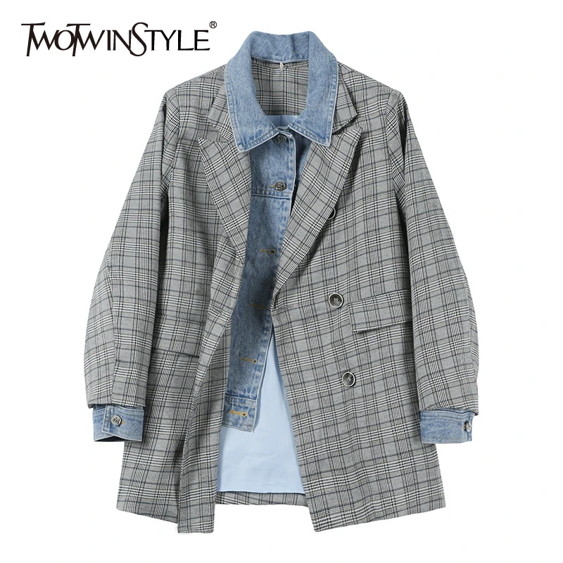 TWOTWINSTYLE клетчатая Лоскутная джинсовая женская куртка воротник с лацканами